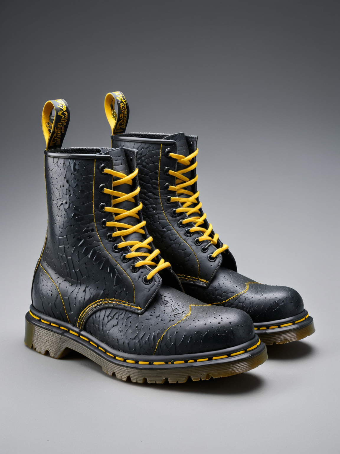 <lora:Fresh_Tarmac_SXDL:1> Dr Martens boots made of black ais-tarmac, with iconic yellow stitching
