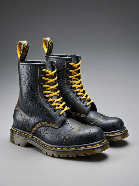 <lora:Fresh_Tarmac_SXDL:1> Dr Martens boots made of black ais-tarmac, with iconic yellow stitching