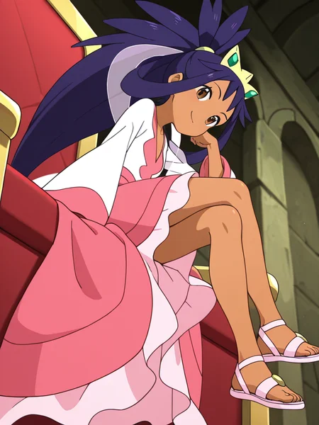 1girl, sitting, on throne, crossed legs, seductive smile, sandal hanging between the toes,from from below, from from side, 
 <lora:iris_champion_2:0.85> iri5cham1on,dark-skinned female, dark skin, brown eyes, purple hair, very long hair, ponytail, spiked hair, hair rings, tiara, green gem tiara,white shirt, pink v-neck,  pink sleeve cuff,see-through shawl,middle pink ribbon,pink skirt, light pink skirt edge,golden gem sandal,light pink sandals,, masterpiece, high quality, absurdres, best quality, very aesthetic, newest,