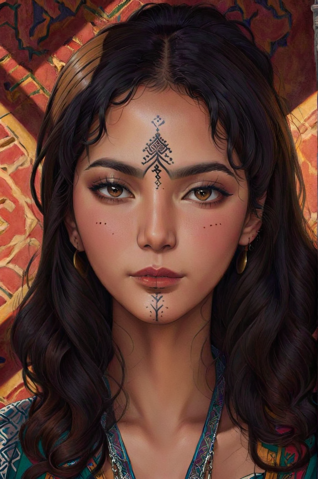1girl, (traditional chin tattoo, Ushamxl:1.2),  <lora:UshamXL:1.2>, black hair, brown eyes, colored skin, curly hair, eyeshadow, lips, lipstick, looking at viewer, makeup, moroccan pattern background,