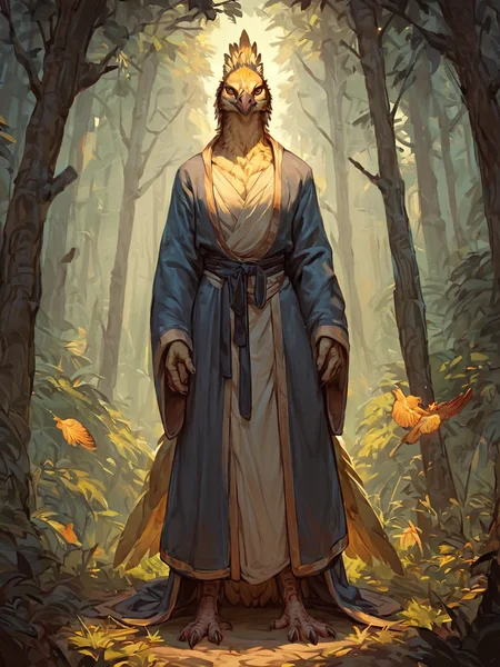 score_9, score_8_up, score_7_up, score_6_up, score_5_up, score_4_up,anthro, peafowl, closed tail, feathered tail, mage, casting magic, outdoors, forest, robe, white and yellow feathers, full body, front view, <lora:Anthro_birds-000018:0.8>