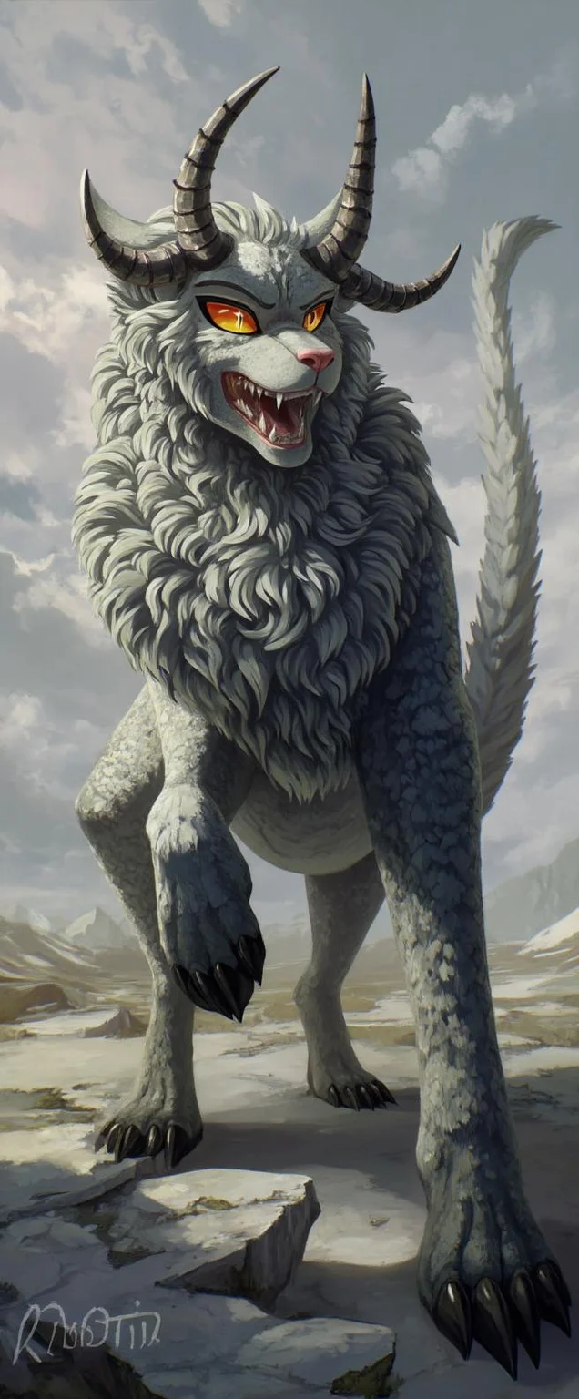 <lora:ck-LttleGhost-000011.safetensors:1> in the style of ck-lttlegh0st
In a surreal landscape, the fantastical creature has grown to an enormous scale, its towering form casting long, imposing shadows over the terrain. The ground beneath its massive paws seems to tremble, as if the earth itself is acknowledging the creature's immense presence. The dense, silvery-gray fur of the beast, once meticulously detailed on the pages of an open book, now resembles a vast, living tapestry that catches the light in mesmerizing patterns. Each strand of fur, magnified to a colossal size, glistens with a metallic sheen, reflecting the sunlight in a dazzling display.
The creature's muscular build, a blend of feline and mammalian features, now dominates the scene, its powerful limbs rooted firmly into the earth. Its back is slightly arched, creating a dynamic, tense posture that radiates readiness and strength. The ground around it is marked by deep impressions, as if the very weight of the creature has left an indelible mark.
The creature's face, fearsome and mesmerizing, looms large. Its large, vividly orange eyes, which once stood out against the gray fur, now glow with an otherworldly intelligence. These eyes, now as wide as small moons, pierce through the landscape, their gaze intense and unyielding. The creature's mouth is wide open, revealing a row of sharp, intimidating teeth that seem to glint in the sunlight, adding to its fearsome appearance.
Sprouting from its forehead are two long, spiraling horns, each spiraling gracefully and casting intricate shadows on the ground below. The horns, now towering structures in themselves, add to the creature's enigmatic aura. Its long, slender tail, curling at the tip, moves with a sense of balance and grace, despite the creature's formidable presence. The tail's movements create ripples in the air, as if it is stirring unseen currents.
The creature’s limbs end in clawed paws, each claw a gleaming, fine point that digs into the earth, illustrating its predatory nature. Along its spine, a row of sharp, protruding spikes adds an element of defense, each spike a testament to the creature’s indomitable spirit.
In this dreamlike setting, the environment seems to bend and warp around the creature, as if the world itself is a canvas for its grandeur. The air is thick with a sense of awe and reverence, and the wind whispers tales of ancient myths and forgotten legends. The creature, once a mere illustration on a page, has come to life in a surreal, almost magical realm, where scale and perspective are reimagined, and the boundaries of imagination are pushed to their limits.