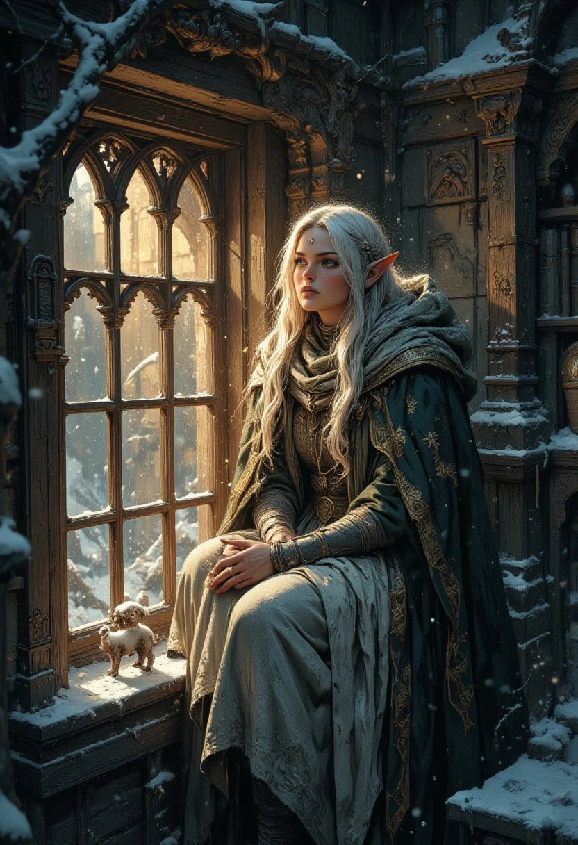 illustration, Beauty, Comic book style, grunge style, nightmare, mythp0rt, aidmaMJ6.1, play of shadow and light,
"A lonely, fragile super cute elf (correct anatomy) full-length side view with white and silver hair in an intricate frosty outfit and a cloak with sparkling snowflakes sits on a snow-covered windowsill, looking longingly at the warm golden light inside, while soft, powdery snowflakes continue to fall gently around her, creating a serene, mystical atmosphere that sparkles with the whimsical style of Brian Froude, the graceful lines of Alan Lee, and the charming, fairy-tale qualities of Kinuko Yu :1.5; "