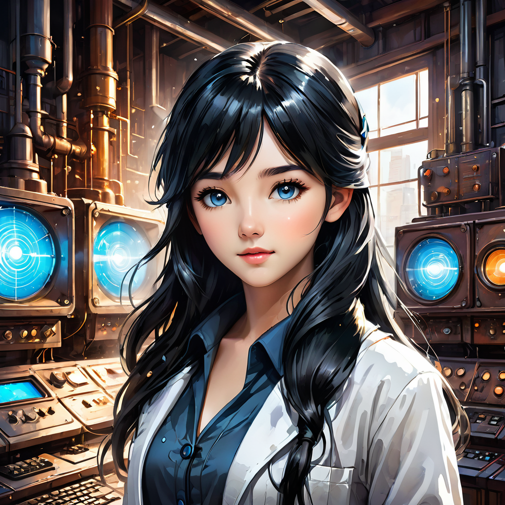 ink splashing,semi realistic, 2d game scene,oil and watercolor painting,
 <lora:fantasy_world:1>ï¼
flat color, (masterpiece:1.5), (best quality:1.5), amazing, beautiful detailed, extremely detailed wallpaper, extremely detailed CG unity 8k wallpaper, extremely delicate and beautiful, finely detailed, extremely detailed wallpaper, fantasy, official art, detailed background, (beautiful detailed shadow: 1.5, cinematic lighting, backlight), [((symmetrical geometry, science fiction: 1.5, vacuumpunk: 1.5, 1960s (style): 1.5, ArtDeco), (control room, nixie tubes: 1.8, machines, silver, metallochrome, wires, vacuum tubes, old computers, simple screens))::0.75], [((solo: 1.5), (1 girl), (teenage girl, cute, extremely detailed eyes and face, clear eyes, clear face, black long hair,blue eyes, white lab coat: 1.5, hands in pocket: 1.5, black shirt: 1.5, black trousers, looking at viewer, light smile: 1.3, cropped torso: 1.8, medium close up: 1.5, waist shot: 1.5), depth of field): 0.25]