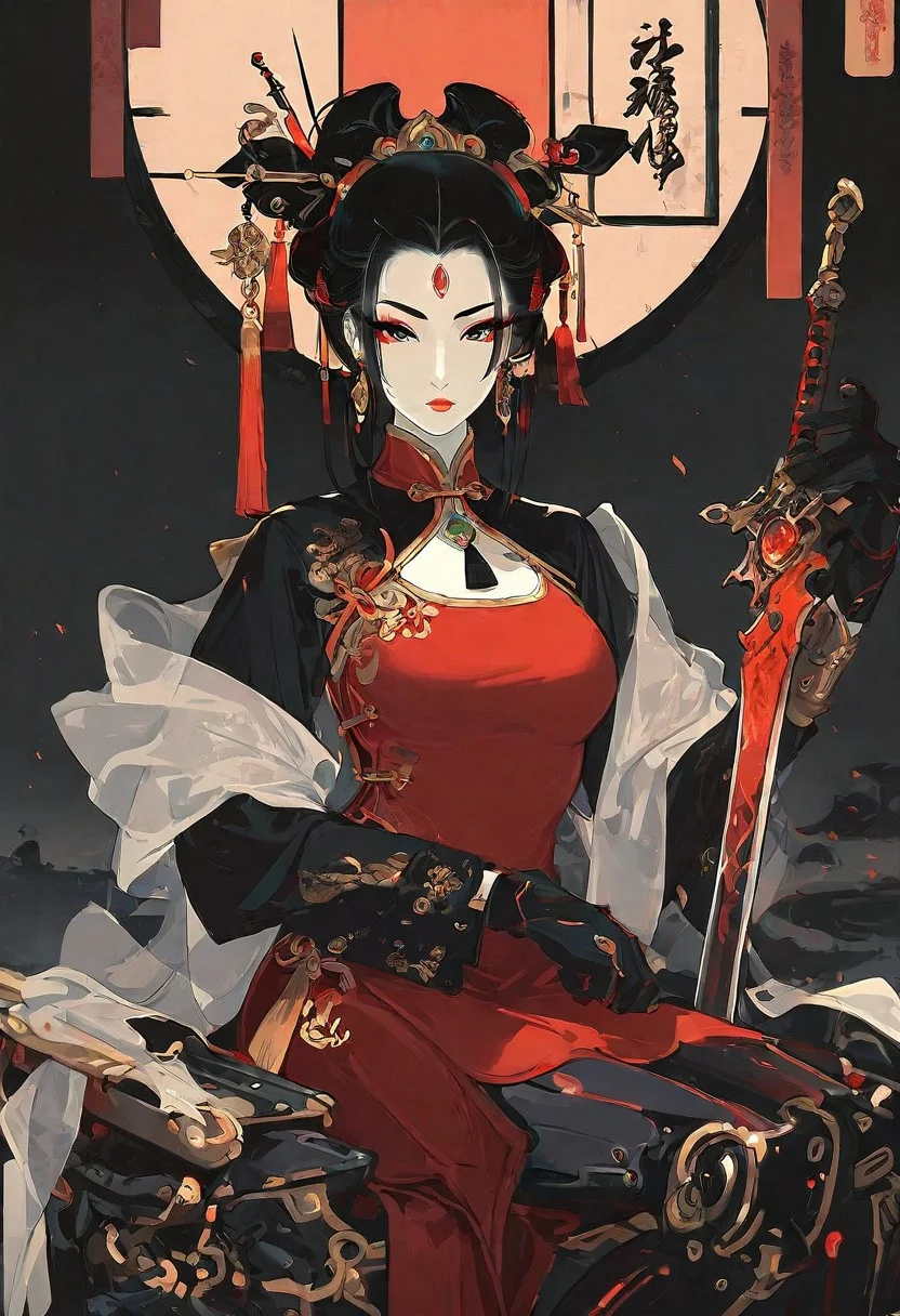masterpiece, best quality, amazing quality, 1girl, solo, breasts, looking at viewer, black hair, long sleeves, hair ornament, gloves, dress, holding, closed mouth, sitting, weapon, earrings, black gloves, holding armor, makeup, holding sword, chinese clothes, facial mark, red dress, tassel, gem, lipstick, pale skin, multicolored clothes, eyeshadow, shawl, forehead mark, eyeliner, red lips, hair stick, mechanical arms, forehead jewel, red eyeshadow, planted, planted sword, updo, tassel hair ornament, mechanical legs, Cinematic Lighting, ukiyo-e