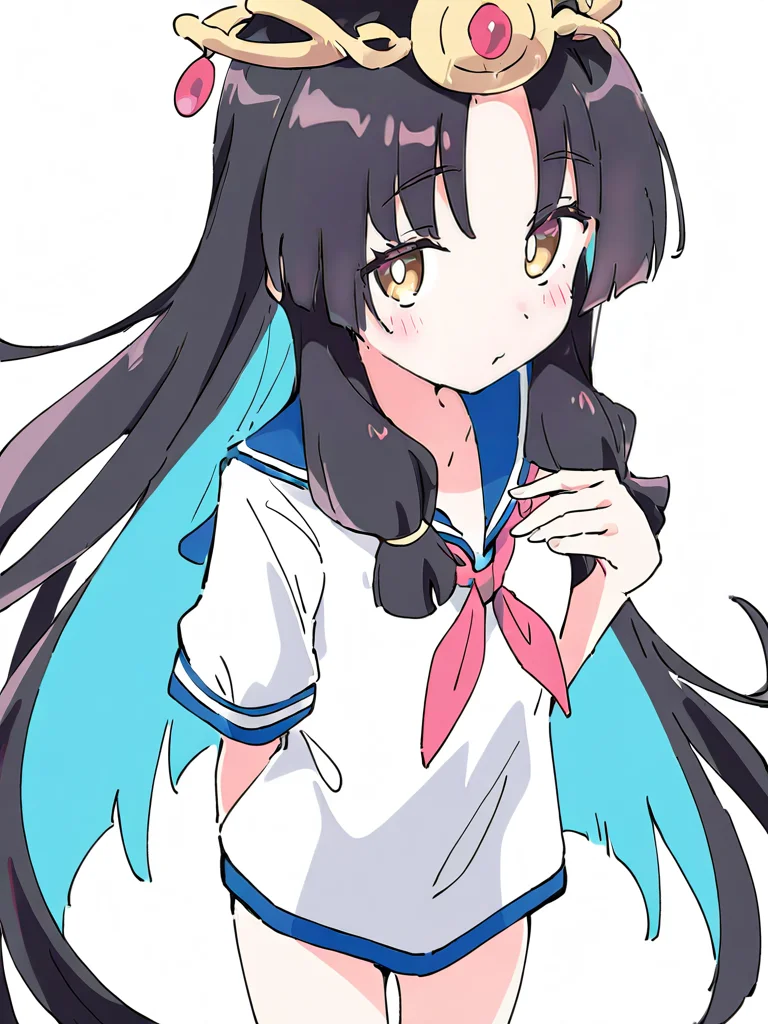 1girl,huiyeji,(sailor_shirt:1.1),looking at viewer,solo,simple background,white background,,(Ixy:0.6)),(hiten \(hitenkei\):0.7),cowboy shot,hair ornament,<lora:huiyeji-000016:0.9>, masterpiece, best quality, very aesthetic, absurdres,newest, incredibly absurdres,