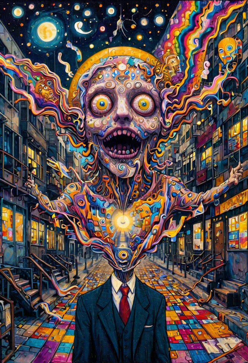 An angelic businessman floating through Tel Aviv, wrapped in the luminous tapestry of night, the city light winking knowingly
