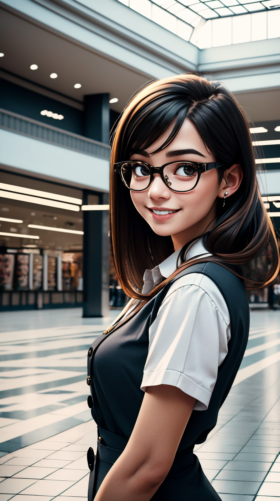 masterpiece, high detailed, high quality, portrait of 1girl in work clothing, upper body, detailed face, glasses, smiling,  in front of empty mall scene,   <lora:ToonMall:1>