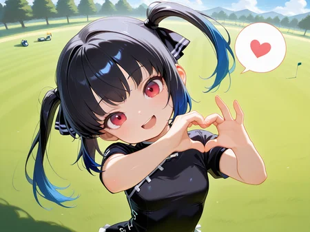 <lora:IL_kooh:0.8>,pgy_ko,kooh/(pangya/),red eyes,gradient hair,short hair,blue hair,two side up,china dress,upper body,shutting eyes,open smile,1girl,solo,golf course,heart hands,reaching towards viewer,foreshortening,head tilt,spoken heart,, masterpiece,best quality,amazing quality,very aesthetic,absurdres,