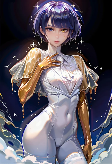 score_9, score_8_up, score_7_up, PhosllXL,androgynous, heterochromia, white eye, blue eye, blue hair, crystal hair, short hair, blunt bangs,golden arms melting, golden arms, see-through sleeves, white bodysuit,   <lora:PhosllXL-000006:1.0> <lora:Kittew-4RCH0N:1.0>