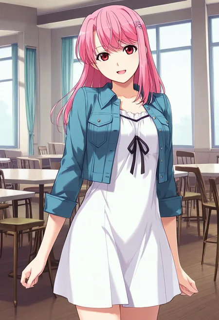 score_9,score_8_up,score_7_up,source_anime,5_figner,game cg,BREAK,1girl,solo,
Shiina Kasumi,long hair,pink hair,hairclip,red eyes,parted to Side,
white dress,jacket,openmouth,ribbon,
smile,cowboy shot,standing,front view,looking at viewer,
cafe,table,chair,window,curtain,counter,
masterpiece,best qualit,ultra-detailed,illustration,an extremely delicate and beautiful,beautiful detailed eyes,unity 8k wallpaper,high resolution,official_art,