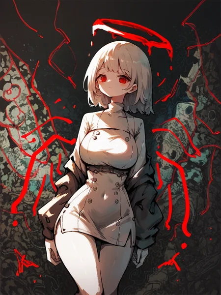 score_9, score_8_up, score_7_up, score_6_up, score_5_up, <lora:UmaiXLP:0.8> umai, spot color, abstract, red eyes, halo, 1girl, curvy, large breasts,