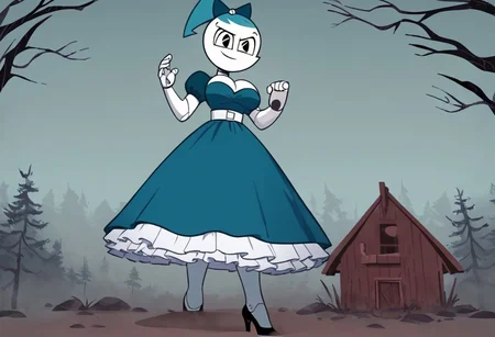 (Masterpiece, best quality:1.2), score_9, score_8_up, flat color, flat shading, soft shading, lighting, Jenny Wakeman as an adult, (((in a 1950's full length formal dark blue dress, a white belt, a fluffy frilly ruffled full white petticoat, and black high heels))), dress, layered petticoat, frilly petticoat, fluffy petticoat, full petticoat, detailed petticoat, wide skirt, detailed outfit, flowing skirt, (((long skirt))), (((solid dark blue colored dress, black high heels))), blue hair, series accurate, cute, best high quality, high res, robot, humanoid robot, (((giant breasts, cleavage))), whole body shot, 1girl, (((solo, outside, in a dark creepy forest, by a old ominous log cabin, at night, heavy fog surrounding her, fog, heavy fog, looking at you, low angle))), (((evil, evil smile, determined evil eyes, posing gracefully and evilly))), low angle shot, cartoon, cartoon style, vector, solo, circle dress, 1950s, dance dress jenny, jenny wakeman, 1girl, solo, robot joints, black eyes, white skin, ponytail, hair bow, blue rose chest corsage, poofy dress, blue hair, flat lighting,