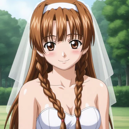 1girl,solo,masterpiece,best quality,good quality,newest,
outdoors,
blush, closed mouth, smile, looking at viewer,
solo,medium breasts,
2000s (style),anime screencap,
karyuin_tomoe (kaen seibo: the virgin on megiddo),1girl,brown hair,hairband,braids sidelocks,long hair,brown eyes,very long hair,
long hair,brown eyes,
standing,
wedding_dress, portrait, looking at viewer