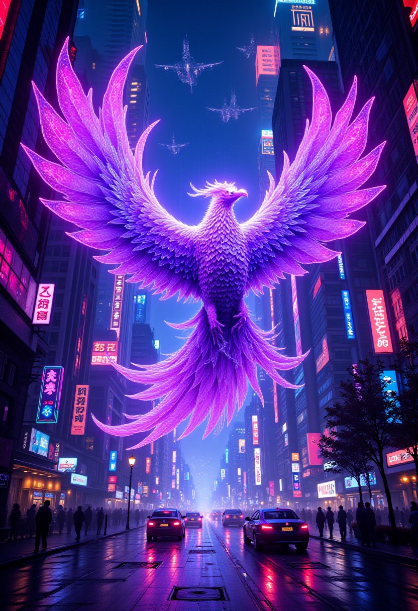 (cinematic keyframe:1.5), a thrilling movie poster, depicting a majestic purple phoenix in mid-flight, surrounded by swirling AI-coded clouds, with hints of electric blue and neon pink undertones, set against a dystopian futuristic cyberpunk cityscape at night. Neon-lit skyscrapers, holographic advertisements, and bustling streets filled with flying cars and pedestrians create a dense, atmospheric backdrop. The composition exudes a cinematic, film-noir feel, with shallow depth of field, bokeh, and vignette effects. Inspired by the conceptual works of Maciej Kuciara, Jama Jurabaev, and Wojtek Fus, this poster embodies a rich, cinematic color grading, reminiscent of Kodak Porta 400 and Cinestill 800 film stocks, captured through the lens of a Leica M10, with a filmic, high-contrast finish. (cinematic concept), (by maciej kuciara:1.2), (by jama jurabaev:1.2), (by wojtek fus), cinematic color grading, cinematic lighting, (shallow depth of field), vignette, bokeh, kodak porta 400, cinestill 800, leica m10, (filmic), cyberpunk, neon cityscape.
<lora:add-detail-xl:0.35> <lora:MJ52:0.18> <lora:ral-anmwrlds-sdxl:0.3> ral-anmwrlds <lora:ral-porcelain:0.4> ral-porcelain <lora:ral-cltc:0.1> ral-cltc <lora:ral-dissolve:0.25> ral-dissolve <lora:zavy-mthcl-sdxl:0.2> <lora:SDXLFaeTastic2400:0.2>  <lora:WildcardX-XL-Detail-Enhancer:0.5>