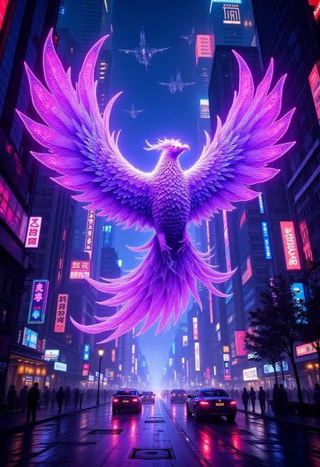 (cinematic keyframe:1.5), a thrilling movie poster, depicting a majestic purple phoenix in mid-flight, surrounded by swirling AI-coded clouds, with hints of electric blue and neon pink undertones, set against a dystopian futuristic cyberpunk cityscape at night. Neon-lit skyscrapers, holographic advertisements, and bustling streets filled with flying cars and pedestrians create a dense, atmospheric backdrop. The composition exudes a cinematic, film-noir feel, with shallow depth of field, bokeh, and vignette effects. Inspired by the conceptual works of Maciej Kuciara, Jama Jurabaev, and Wojtek Fus, this poster embodies a rich, cinematic color grading, reminiscent of Kodak Porta 400 and Cinestill 800 film stocks, captured through the lens of a Leica M10, with a filmic, high-contrast finish. (cinematic concept), (by maciej kuciara:1.2), (by jama jurabaev:1.2), (by wojtek fus), cinematic color grading, cinematic lighting, (shallow depth of field), vignette, bokeh, kodak porta 400, cinestill 800, leica m10, (filmic), cyberpunk, neon cityscape.
<lora:add-detail-xl:0.35> <lora:MJ52:0.18> <lora:ral-anmwrlds-sdxl:0.3> ral-anmwrlds <lora:ral-porcelain:0.4> ral-porcelain <lora:ral-cltc:0.1> ral-cltc <lora:ral-dissolve:0.25> ral-dissolve <lora:zavy-mthcl-sdxl:0.2> <lora:SDXLFaeTastic2400:0.2> <lora:WildcardX-XL-Detail-Enhancer:0.5>