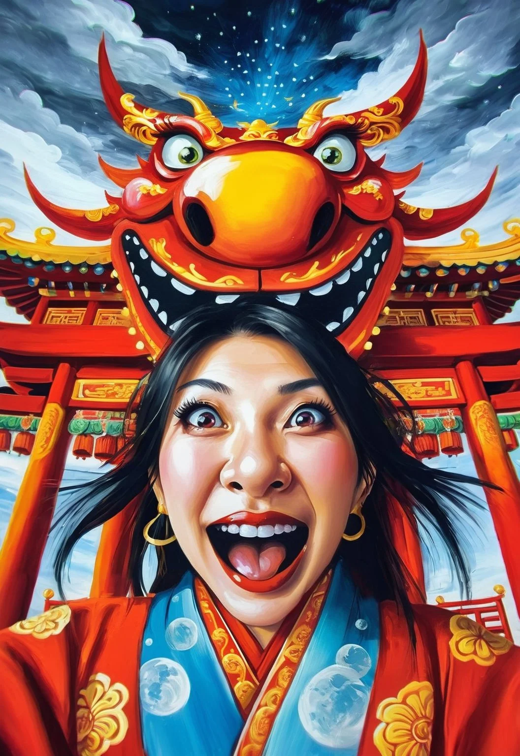 detailed
Face portrait (low angle:1.2)
(surreal:1.4)
(Chinese red dragon:1.2) happy Chinese angry woman kimono with ornaments take selfie big chinese temple blue sky on BG
by (Dave Granlund:1.2)
<lora:LojkinXL:0.8> oil paint, painting
<lora:add-detail-xl:0.58>