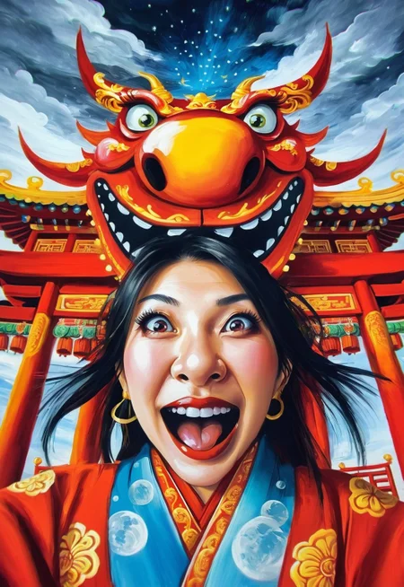 detailed
Face portrait (low angle:1.2)
(surreal:1.4)
(Chinese red dragon:1.2) happy  Chinese angry woman kimono with ornaments take selfie big chinese temple blue sky on BG
by (Dave Granlund:1.2)
<lora:LojkinXL:0.8> oil paint, painting
<lora:add-detail-xl:0.58>
