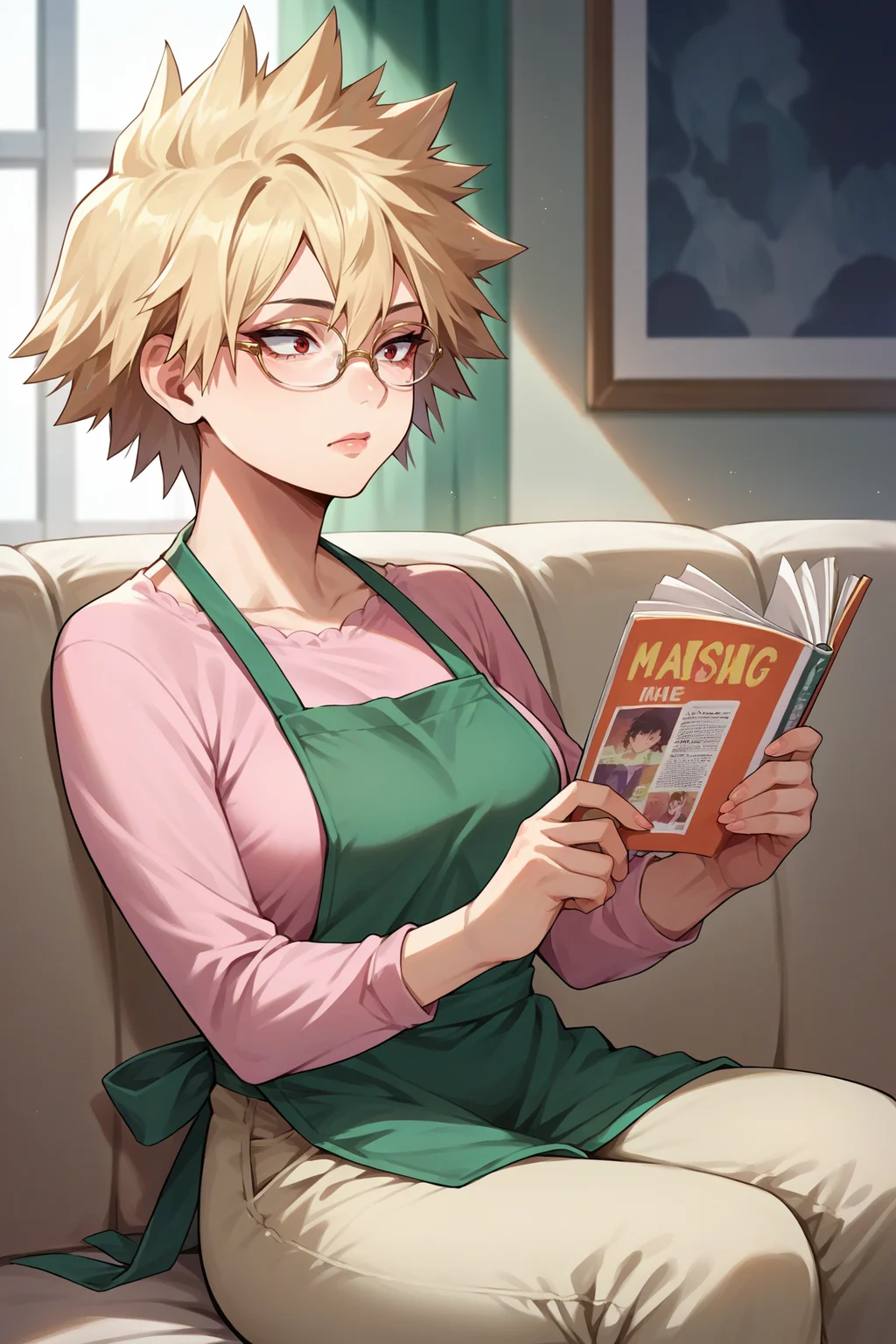 score_9, score_8_up, score_7_up, score_6_up, source_anime, 1girl, solo, <lora:bakugoumitsuki-pdxl-nvwls-v1-000004:1> mski, blonde hair, spiked hair, short hair, red eyes, mature female, glasses, green apron, pink shirt, beige pants, reading magazine, indoors, sitting, couch