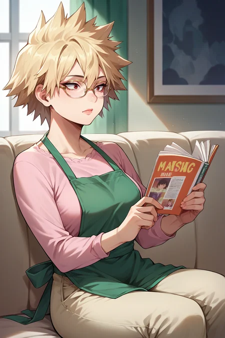 score_9, score_8_up, score_7_up, score_6_up, source_anime, 1girl, solo, <lora:bakugoumitsuki-pdxl-nvwls-v1-000004:1> mski, blonde hair, spiked hair, short hair, red eyes, mature female, glasses, green apron, pink shirt, beige pants, reading magazine, indoors, sitting, couch