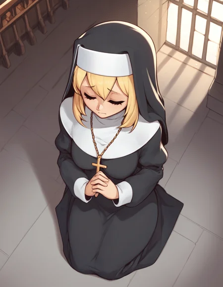 source_cartoon, score_9, score_8_up, score_7_up, score_6_up, score_5_up, score_4_up, BREAK 1girl, church, nun, kneeling, praying, from above, closed eyes, blonde hair, long hair, <lora:MysticalPlantPenetratorPDXL:1>