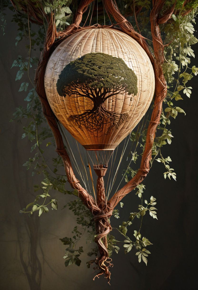 colossal ancient tree, intricate rootwork, woven hot air balloon, close-up detail, bark texture, hanging vines, twilight forest floor, dappled light, botanical illustration style, scientific diagram, hyperrealistic, cross-section