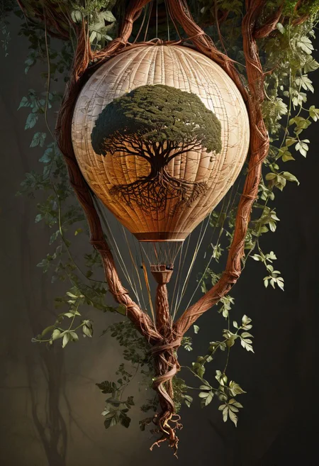 colossal ancient tree, intricate rootwork, woven hot air balloon, close-up detail, bark texture, hanging vines, twilight forest floor, dappled light, botanical illustration style, scientific diagram, hyperrealistic, cross-section