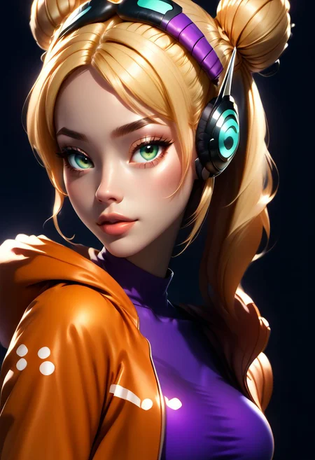 score_9, score_8_up, score_7_up, score_6_up, score_5_up, score_4_up score_9,score_8_up, digital art, upper body shot, realistic 3D illustration,
BREAK,
zzvegapunkyork, solo, 1girl, long hair, double bun, hair bun, blonde hair, green eyes,
orange jacket, purple crop top, headphones,
BREAK,
soft lighting, contemplative expression, dark background, subtle makeup, high-resolution, detailed texture, emotional depth, dramatic mood, side profile, serene atmosphere, cinematic lighting. perfectly round breasts, big breasts, firm breasts, SkinHairDetail, eye contact, looking at viewer,