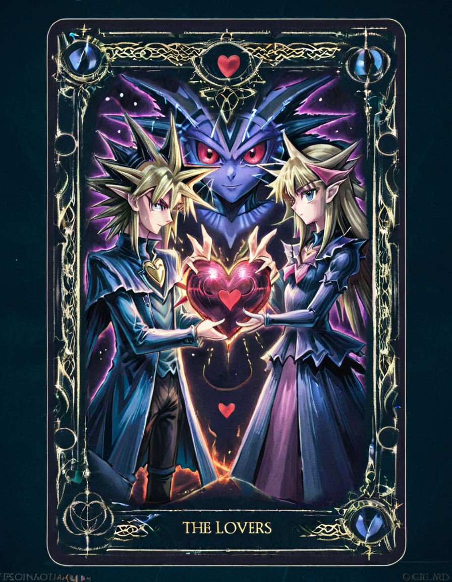 Yugi and his Dark Magician are depicted as 'The Lovers,' representing partnership and duality. They stand together, holding a heart-shaped duel monster card, a symbol of their unity and the choices that come with it<lora:edrtcard:0.7>