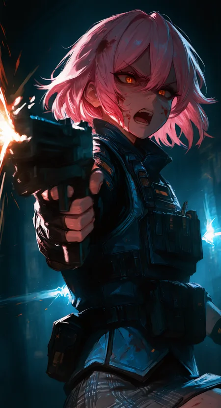 masterpiece, best quality, good quality, very aesthetic, absurdres, newest, 1girl, angry, black gloves, blood, blood in hair, blood on face, blue vest, double-parted bangs, elbow pads, fingerless gloves, foreshortening, furrowed brow, glaring, gloves, grey skirt, gun, hair between eyes, holding gun, miniskirt, open mouth, orange eyes, pink hair, plaid clothes, plaid skirt, short hair, skirt, solo, tactical clothes, upper body, v-shaped eyebrows, vest, vest pouch,firing, From Side,Make an evasive move,
shadowy lighting, cinematic atmosphere, Cinematic Lighting,Motion Blur,Speed Lines, <lora:spo_sdxl_10ep_4k-data_lora_webui:0.6> <lora:ponyv5_noobV065S_1_adamW-000013:0.7> <lora:USNR_STYLE_XL_lokr:0.5> <lora:GBF_Illustrious:0.4> <lora:748cmSDXL:0.7>