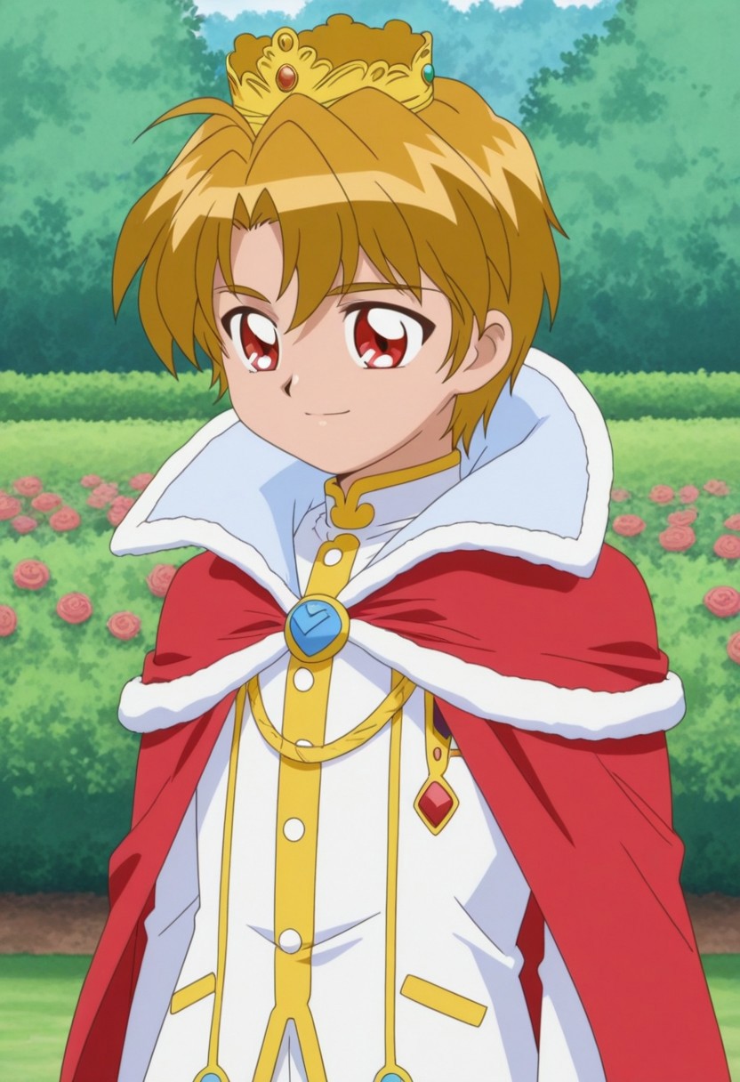 masterpiece,best quality,amazing quality, source_anime, 1990s (style), retro artstyle,
Buraito, 1boy, male focus, solo, red eyes, blonde hair, crown, jacket, white jacket, cape, red cape, smile,
outdoor, garden,