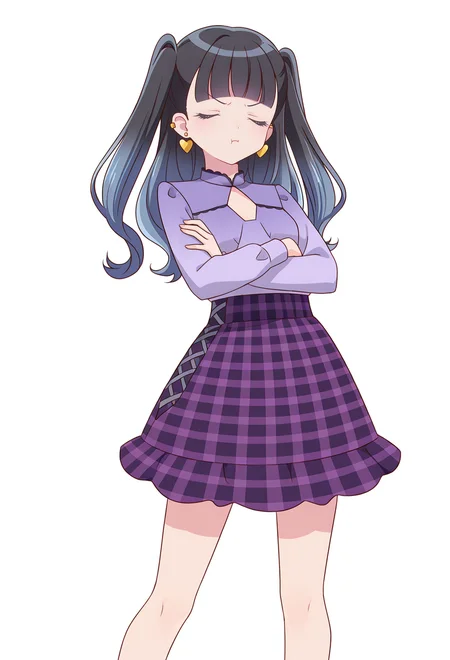 <lora:AZU NIISATA_illustrious-000036:1>,
AZU NIISATA,jewelry,solo,earrings,skirt,heart earrings,shirt,long sleeves,heart,plaid,blunt bangs,plaid skirt,two side up,standing,checkered skirt,purple skirt,feet out of frame,purple shirt,clothing cutout,simple_background,white_background,pout,eyes_closed,facing_away,looking_up,black hair,gradient hair,crossed_arms