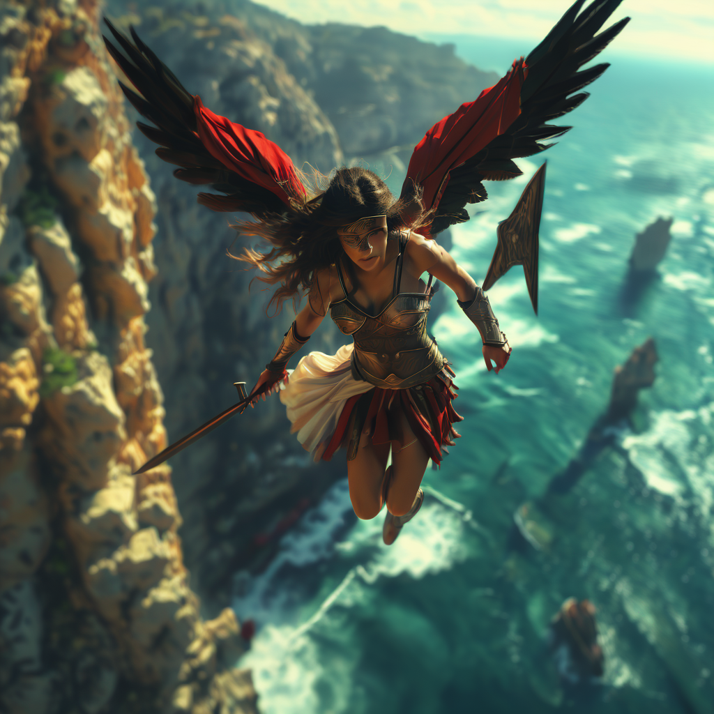 Spartan female angel warrior, black feathered wings folded stretched,helmet,  red cape, jumping from a cliff, flying fast toward the sea, holding two swords