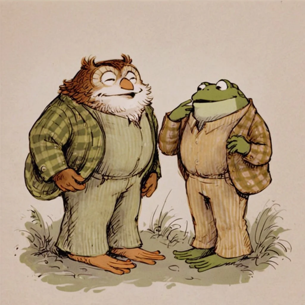 score_9, score_8_up, score_7_up, 2boys, frog and toad, in the style of owl, by Arnold Lobel