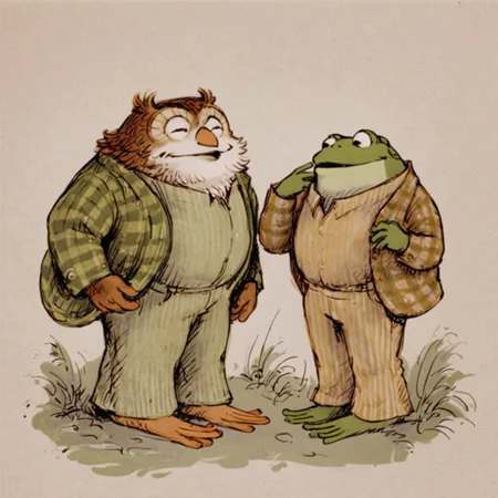 score_9, score_8_up, score_7_up, 2boys, frog and toad, in the style of owl, by Arnold Lobel