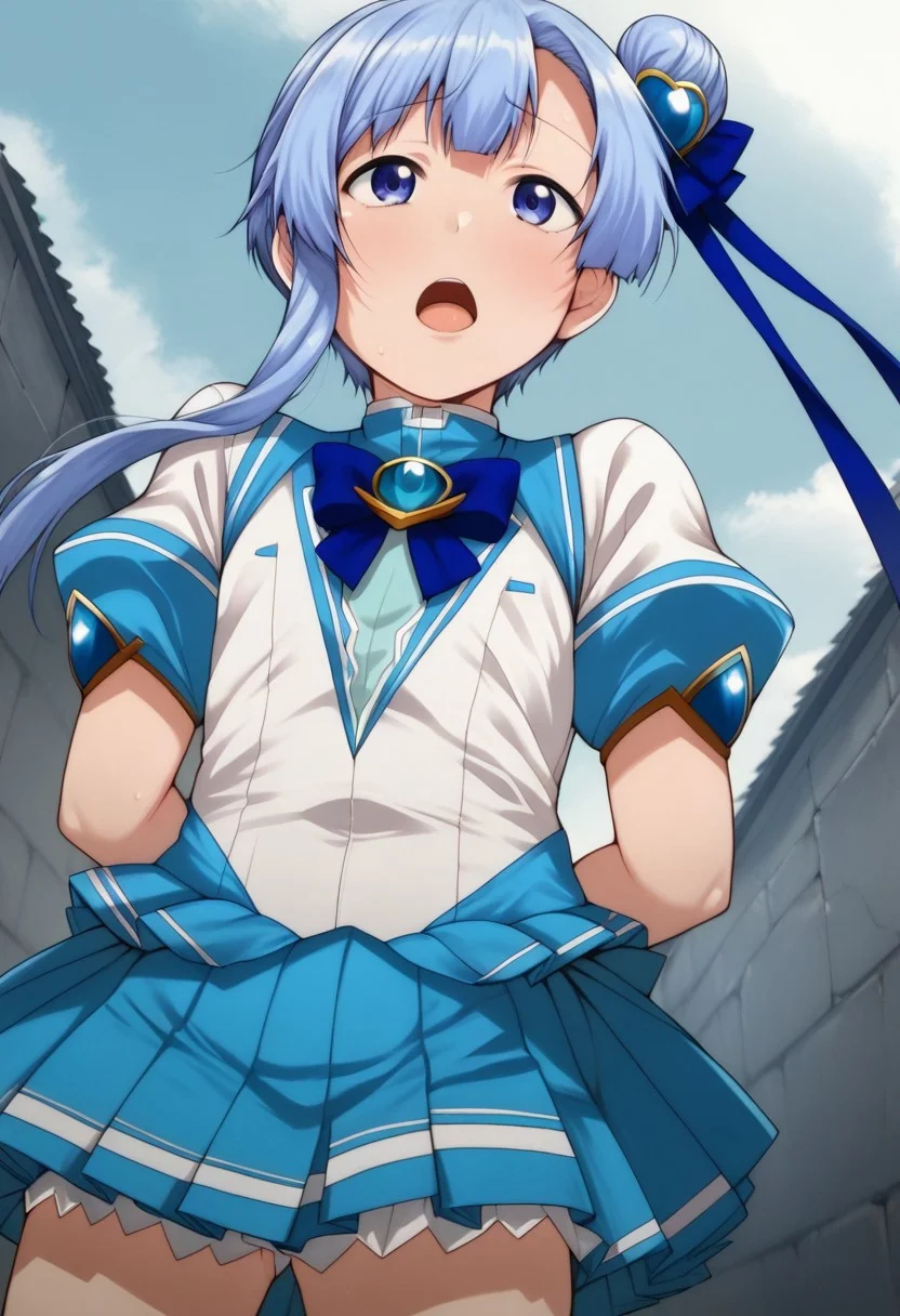 score_9, score_8_up, score_7_up, source_anime, anime illustration, masterpiece, best quality, lots of details, BREAK zPDXLx, mur4k4mi-ip,aisei tenshi love mary,Anime coloring ,1boy,archangel of love lapis,otoko no ko ,tomgirl,Blue eyes ,Blue hair,skirt,Blue skirt ,solo,open mouth,side ponytail,hair ornament,blue bow,pleated skirt,long hair,magical girl