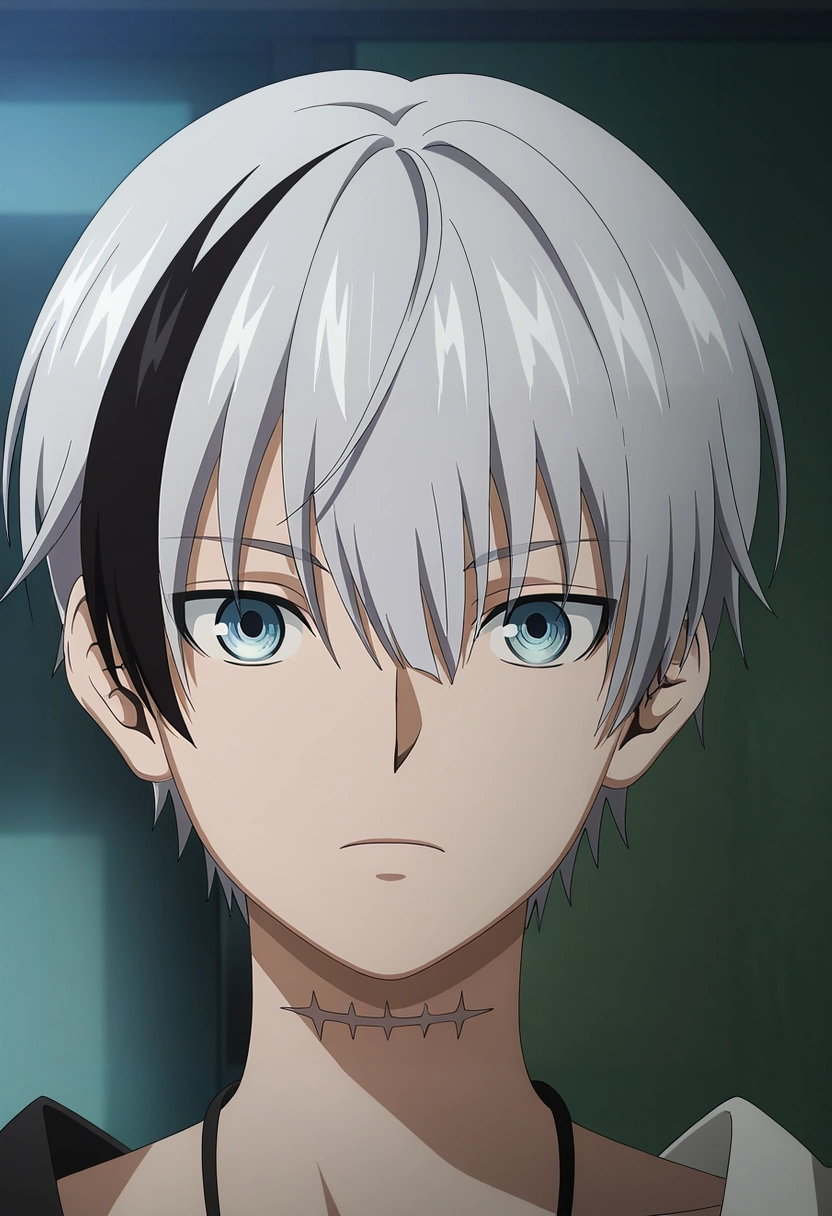 masterpiece, best quality, , anime screencap, anime coloring, official style, looking at viewer, 1boy, solo, male focus, <lora:polka_shinoyama_ilxl:1>, polka_shinoyama, grey hair, blue eyes, two-tone hair, multicolored hair, black hair, short hair, hair between eyes, streaked hair, bangs, scar, , , ,