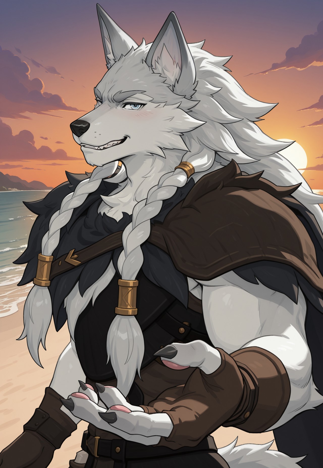 furry, solo, muscular male, 
, close up, reaching,upper body, sunset,  looking at viewer, close up, beach, side view, nice eyes, eyes, muscular, 


 reaching hands, 5 fingers, pawpads, (blush:0.7), inviting, invite, (tail), nice hands, 


faramor, faramor, wolf, canine, anthro, braided hair, blue eyes, white fur, armor, cape, fingerless gloves ,chest tuft, facial hair, fur, detailed eyes, nice eyes, (teeth:0.8, nice teeth:0.8)



, 2024, 2023, masterpiece,best quality,amazing quality,