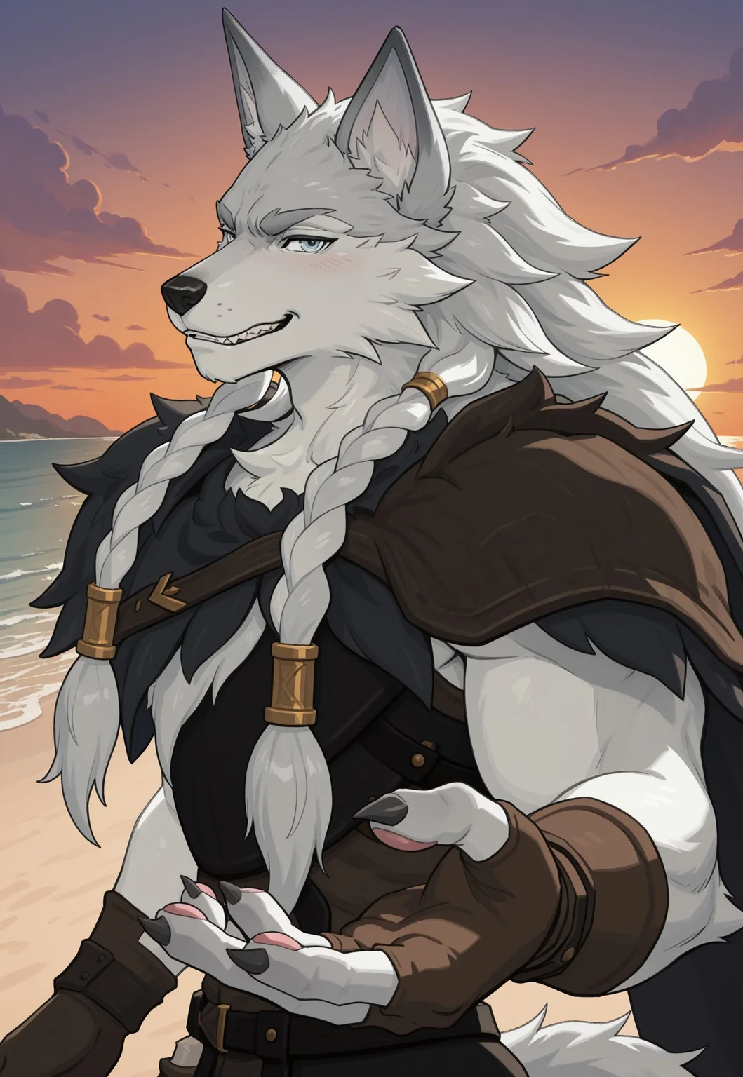 furry, solo, muscular male,
, close up, reaching,upper body, sunset, looking at viewer, close up, beach, side view, nice eyes, eyes, muscular,
reaching hands, 5 fingers, pawpads, (blush:0.7), inviting, invite, (tail), nice hands,
faramor, faramor, wolf, canine, anthro, braided hair, blue eyes, white fur, armor, cape, fingerless gloves ,chest tuft, facial hair, fur, detailed eyes, nice eyes, (teeth:0.8, nice teeth:0.8)
, 2024, 2023, masterpiece,best quality,amazing quality,