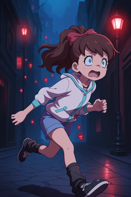 masterpiece, best quality, amazing quality, absurdres, kodamafumika, brown hair, high ponytail, solo, scared, panicking, running, white jacket, blue shorts, black ankle warmers, black shoes, outdoors, night, dark atmosphere, red lighting, ghosts, city, dark alleyway, lamppost