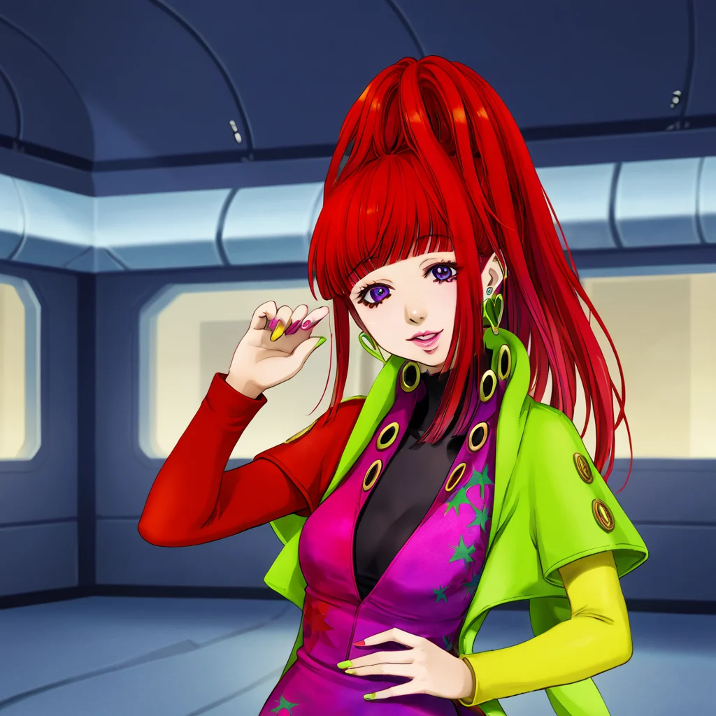 best quality, masterpiece, official artwork, 1girl, solo, sq, red hair, jewelry, earrings, purple eyes, lips, nail polish, makeup, long hair, ponytail, jacket, dress, spaceship room background, flashy, social, flirty face, flirty pose