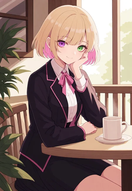 solo, detailed, melancholic,
cafe, morning,
sitting, smiling, mug, dish,
1girl, heterochromia, green right eye, purple left eye, blonde short hair, pink inner hair, pink neck ribbon, white blouse, black blazer, pink trim blazer, dark skirt,
masterpiece, best quality, very aesthetic, absurdres,