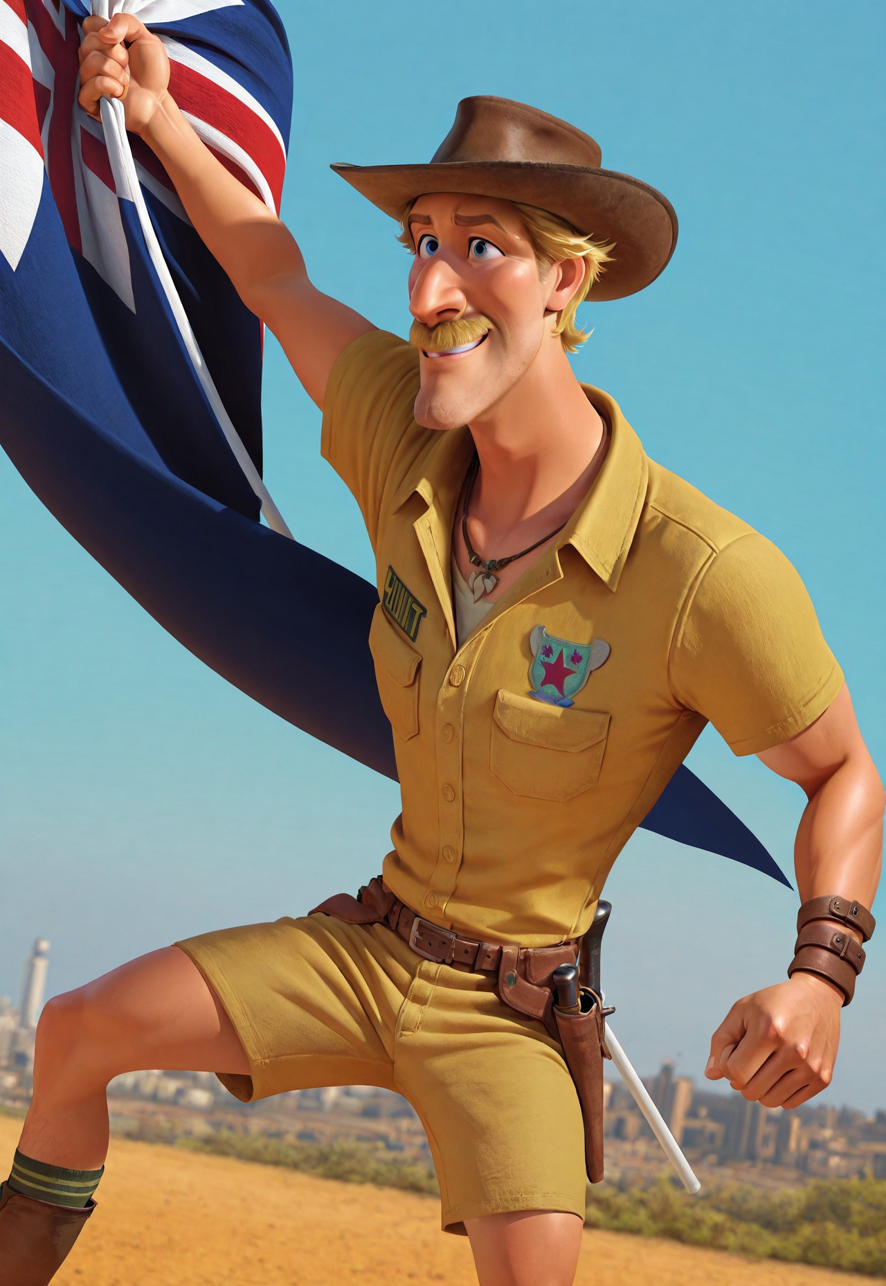 masterpiece, best quality, amazing quality, detailed background, intricate details, dynamic, cinematic, animated, anime realistic shading, solo, male focus, 1boy, handsome, ch4z, blond hair, blue eyes, thick moustache, stubble, necklace, beige zoo uniform, beige shorts, utility belt, leather wristband, dark green socks, brown leather hat, brown boots, australian flag, holding flag, smile, abstract background, action shot, dutch angle