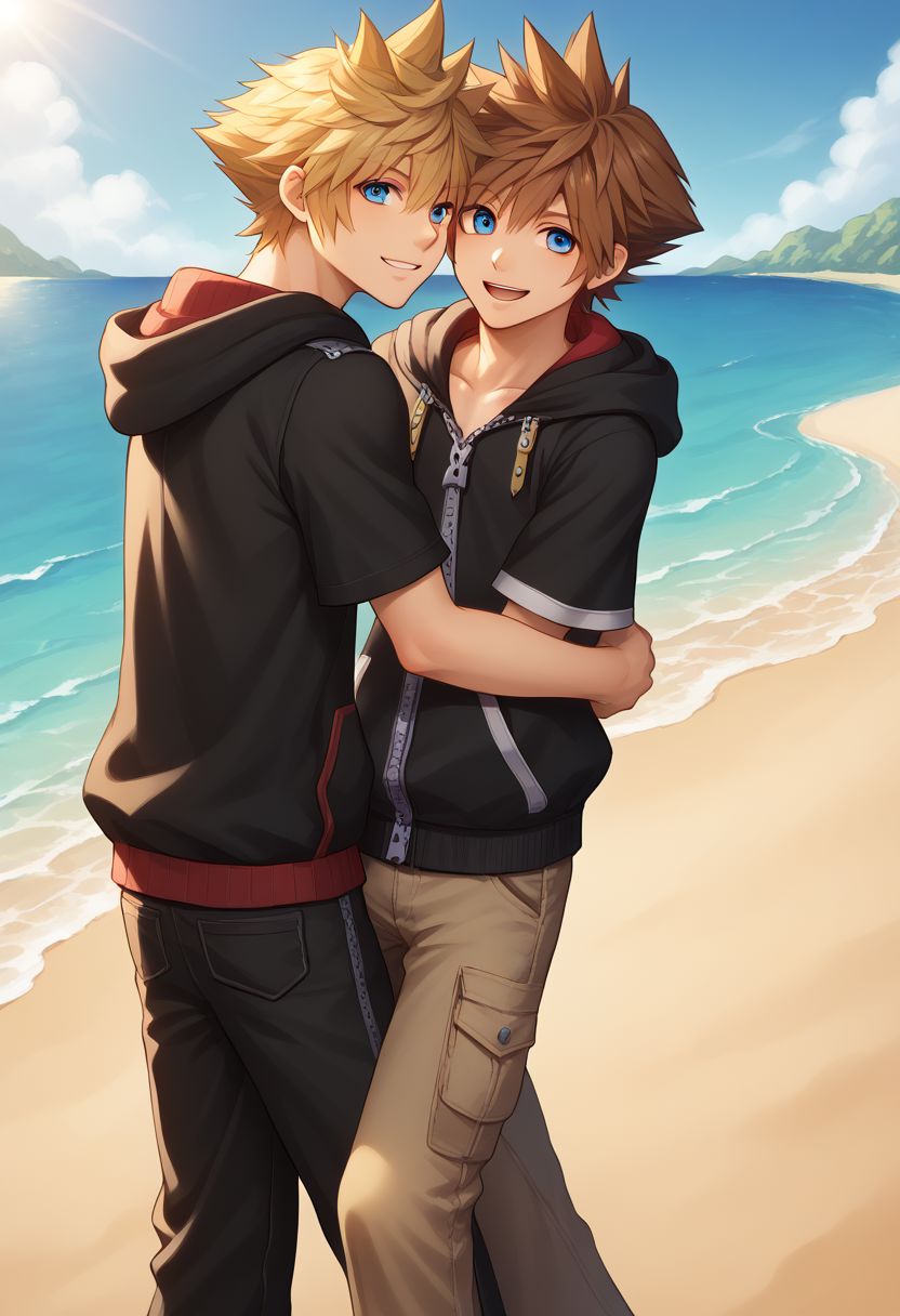 score_9, score_8_up, source_anime, highly detailed, 2boys,
sora, spiked hair, male focus, 1boy, brown hair, blue eyes, zipper, hoodie, BREAK
roxas, 1boy, zipper, male focus, spiked hair, blue eyes, blonde hair, pants, short sleeves, zipper pull tab, 
indoor, outdoor, beach, bare foot, hug, smile,