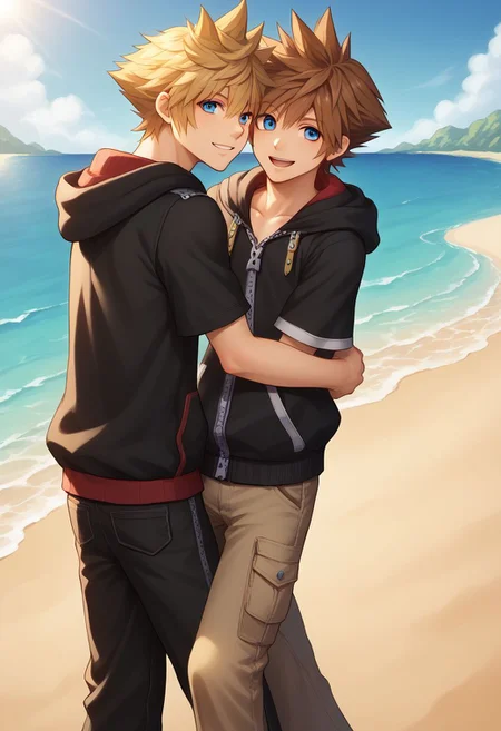 score_9, score_8_up, source_anime, highly detailed, 2boys,
sora, spiked hair, male focus, 1boy, brown hair, blue eyes, zipper, hoodie, BREAK
roxas, 1boy, zipper, male focus, spiked hair, blue eyes, blonde hair, pants, short sleeves, zipper pull tab,
indoor, outdoor, beach, bare foot, hug, smile,