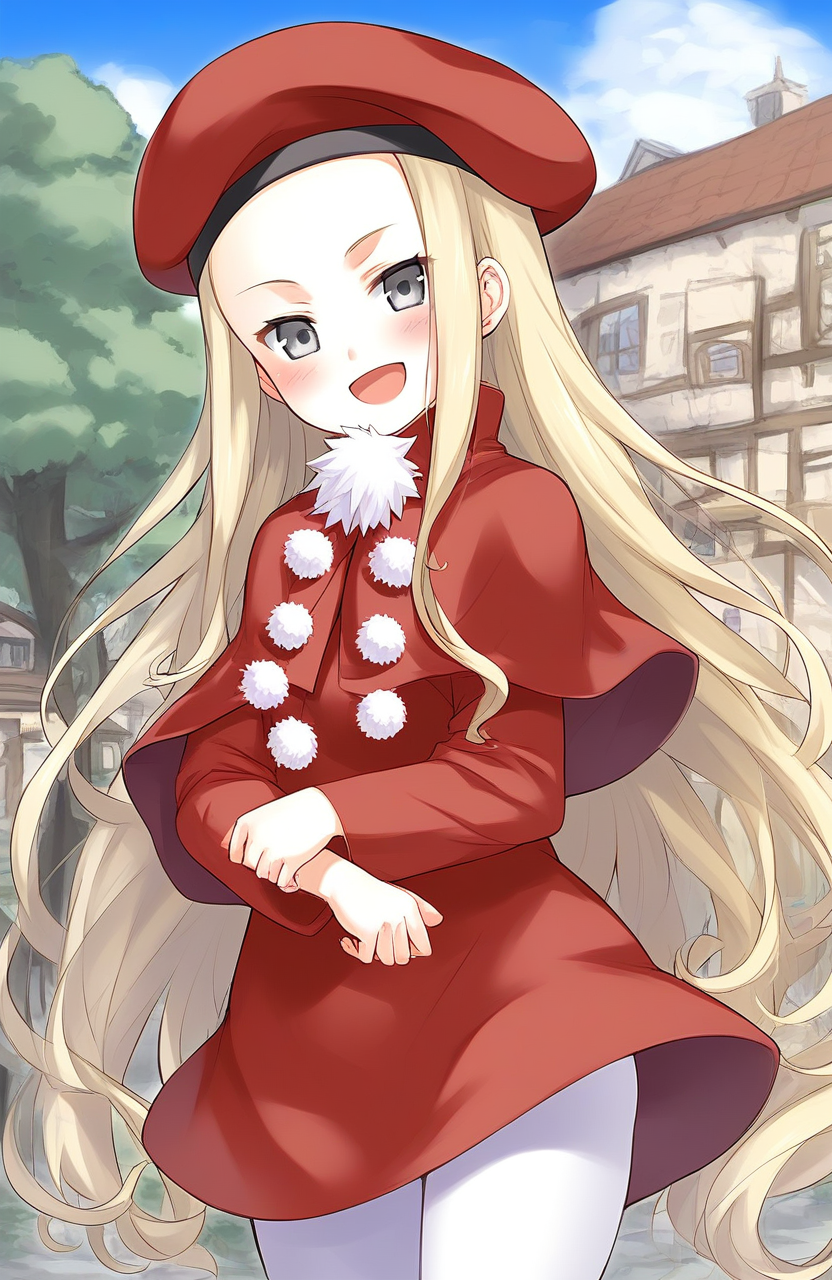 score_9, score_8_up, score_7_up, source_anime, rating_explicit, BREAK  <lora:Belfraw_Martini_Ver2.0_XL:1> Belfraw_Martini, 1girl, solo, very long hair, blonde hair, grey eyes, hat, red beret, bangs, short stack,
1girl, solo, blush, open mouth,  pom pom (clothes), capelet, sky, :d, looking at viewer, long sleeves, white pantyhose, red pants,
outdoor, town, tree,
smile,
looking at viewer, 
cowboy_Shot,