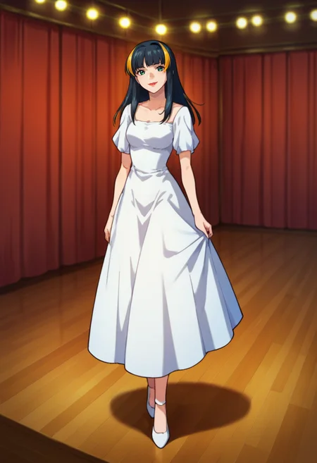 score_9,score_8_up,score_7_up,score_6_up,score_5_up,score_4_up,anime coloring,source_anime,<lora:Aisha_Gundam_SEED_Pony:0.7>,aisha,1girl,solo,green eyes,black hair,streaked hair,long hair,lipstick,dress,indoors,concert hall,smile,full body,