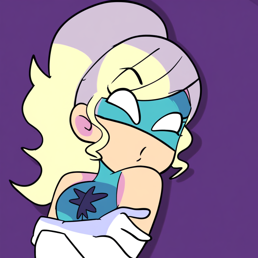 score_9, 1girl, solo, sm4sh g1rl, blonde hair, ponytail, domino mask, blue leotard, white elbow gloves, cowboy shot