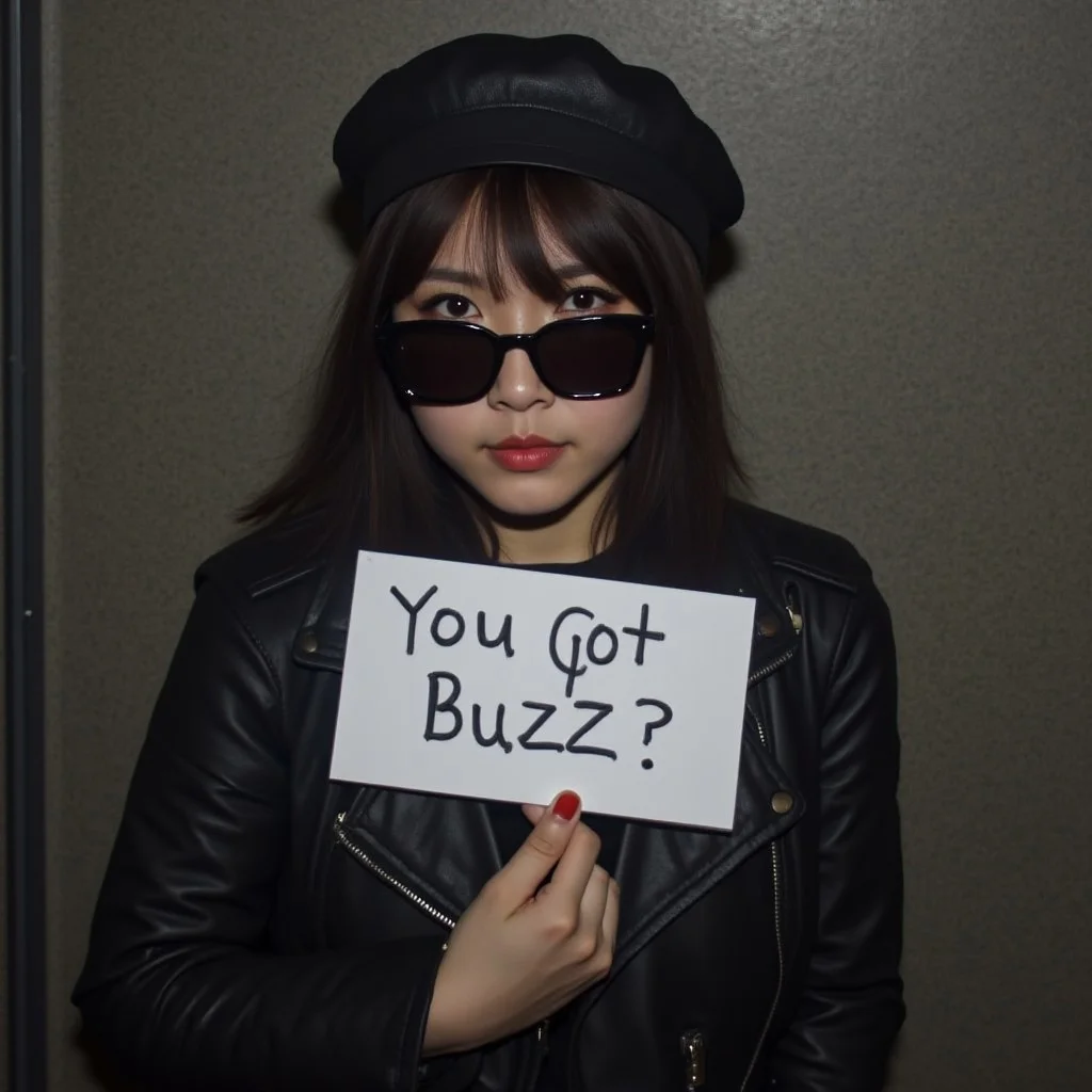 1girl, asian, beret hat, black leather jacket, low lighting, black sunglasses, amateurish photo, holding a sign with one hand that reads "You got buzz?", overexposed,smeared background