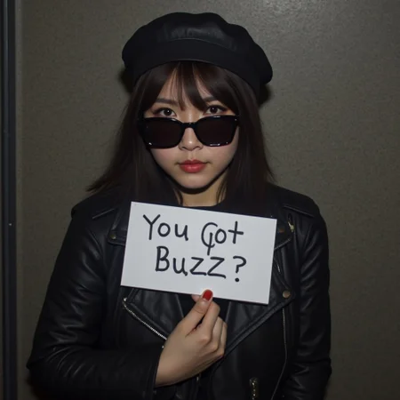 1girl, asian,  beret hat, black leather jacket, low lighting, black sunglasses, amateurish photo, holding a sign with one hand that reads "You got buzz?", overexposed,smeared background